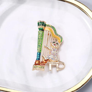 Sparkling Playing Harp Cat Brooch Multicolor Animal Women Men Gift