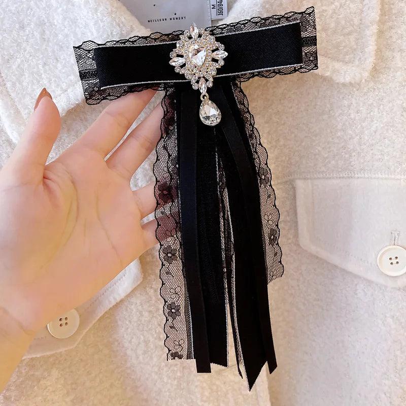 Lace Ribbon Bow Brooch Rhinestone Crystal Shirt Collar Pin Jewelry