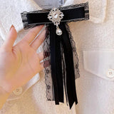 Lace Ribbon Bow Brooch Rhinestone Crystal Shirt Collar Pin Jewelry