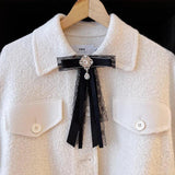 Lace Ribbon Bow Brooch Rhinestone Crystal Shirt Collar Pin Jewelry