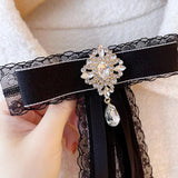 Lace Ribbon Bow Brooch Rhinestone Crystal Shirt Collar Pin Jewelry
