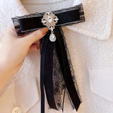 Lace Ribbon Bow Brooch Rhinestone Crystal Shirt Collar Pin Jewelry