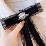 Lace Ribbon Bow Brooch Rhinestone Crystal Shirt Collar Pin Jewelry