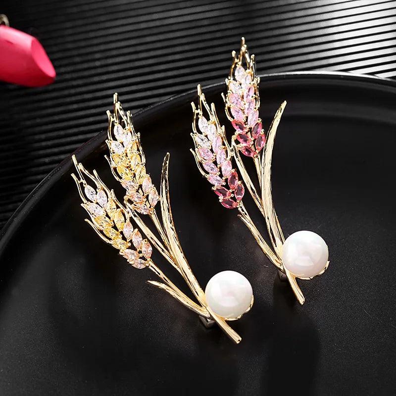 Red Cubic Zircon Wheat Brooch with Pearl