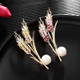 Red Cubic Zircon Wheat Brooch with Pearl