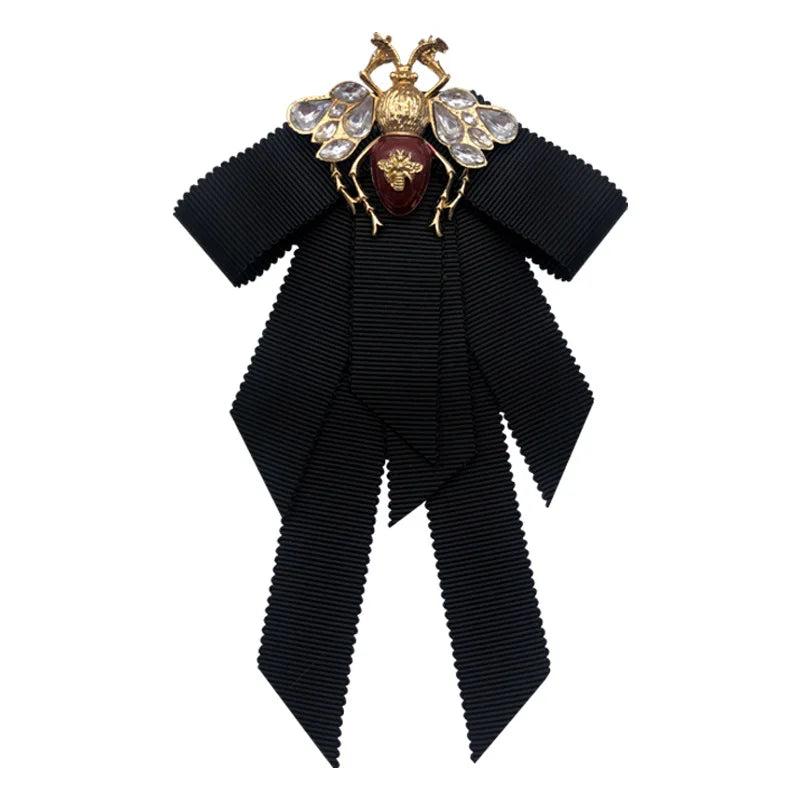 Vintage Fabric Ribbon Bow Bee Brooch Rhinestone Pin