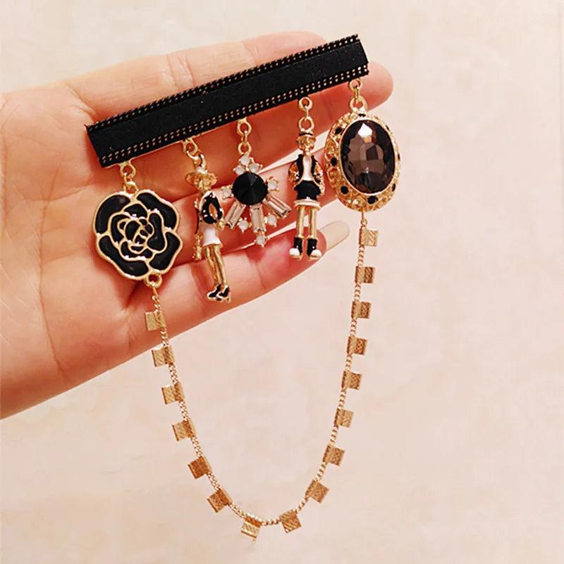 Camellia Lace Plaid Retro Style Brooch with Tassel Rose Pendant