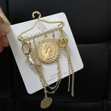Camellia Lace Plaid Retro Style Brooch with Tassel Rose Pendant