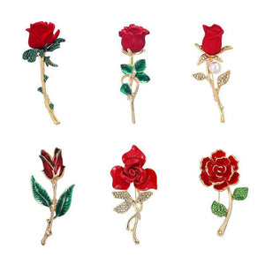 Red Rose Enamel Pin Brooch Rhinestone Pearl Lapel Pins Flower Jewelry