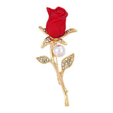 Red Rose Enamel Pin Brooch Rhinestone Pearl Lapel Pins Flower Jewelry