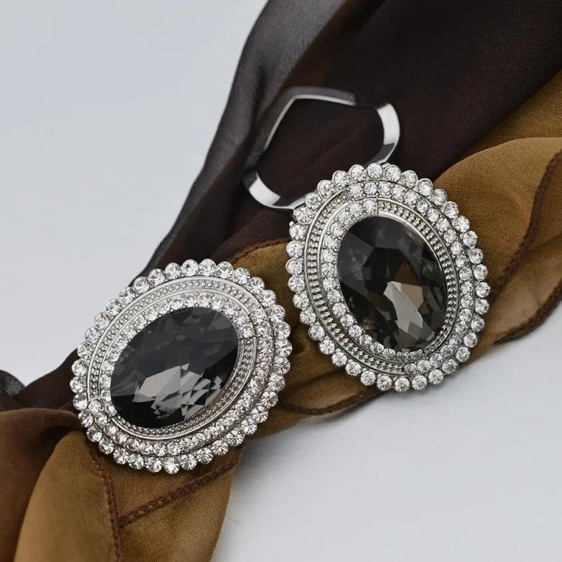 Gray Oval Glass Brooch Silk Scarf Clip Buckle