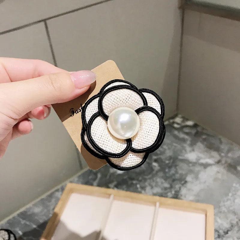 Fabric Camellia Flower Brooch Pearl Corsage Shirt Collar Pins Hairpin
