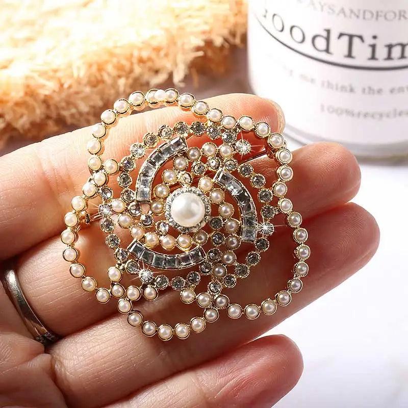Korean Crystal Camellia Flower Pearl Brooch Pin for Women
