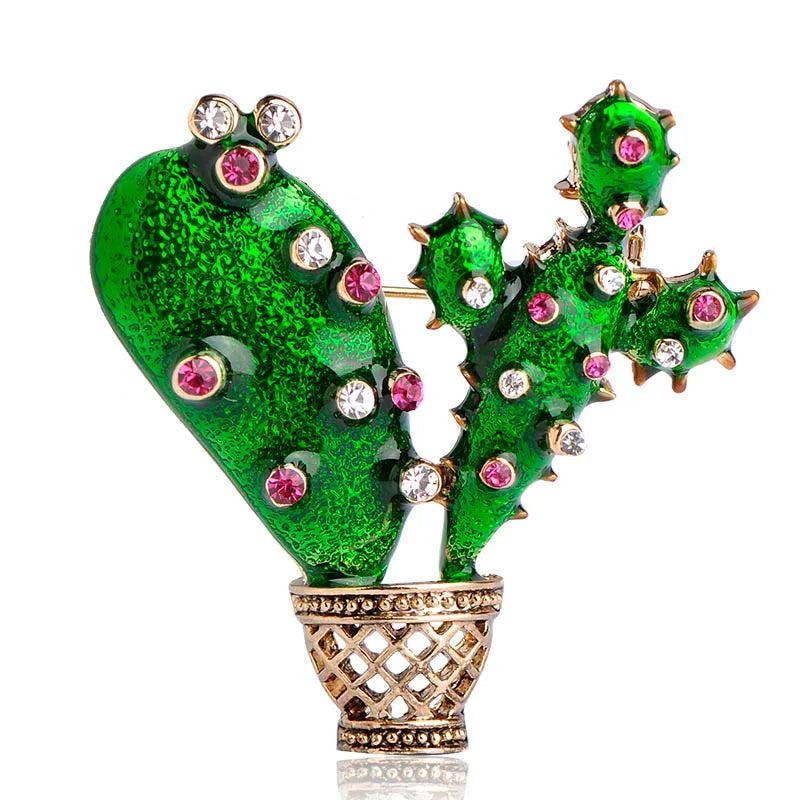 Enamel Cactus Brooch Crystal Plant Corsage Suit Scarf Dress Decoration