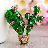 Enamel Cactus Brooch Crystal Plant Corsage Suit Scarf Dress Decoration