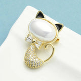 Czech Rhinestone Cat Brooch Collar Pin Pearl Pet Animal Spring Suit Shirt