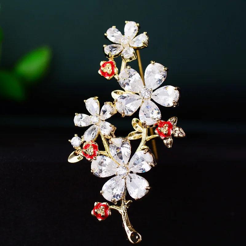 Copper Inlaid Zircon Plum Blossom Brooch Female Temperament Flower Clothing Pin
