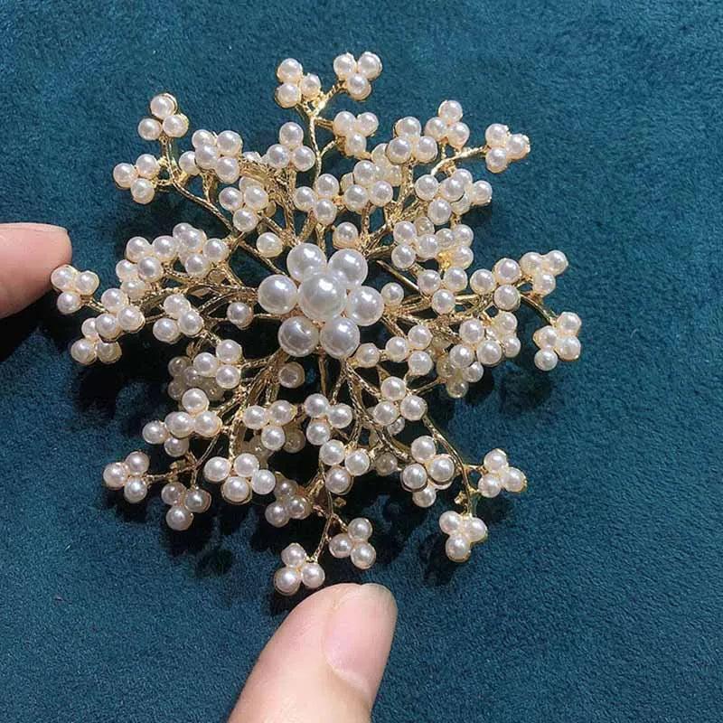 Snowflake Pearl Brooch Pin for Women Winter Coat Jacket
