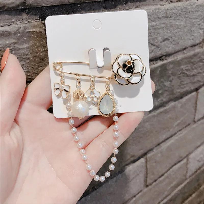 Camellia Pin Brooch Pearl Tassel Pendant Crystal Jewelry Women
