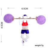 Weightlifting Girl Shape Brooches Enamel Wool Felt Ball Jewelry