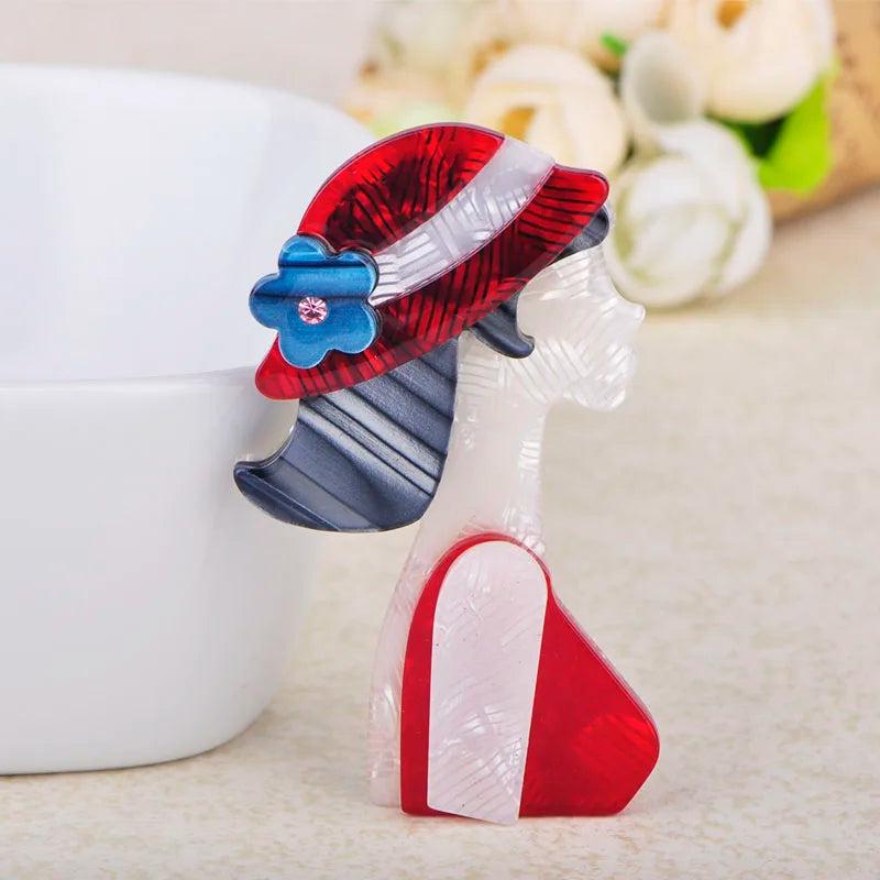 Red Hat Girl Shape Brooches Acrylic Jewelry Women Corsage Scarf Suit Pins