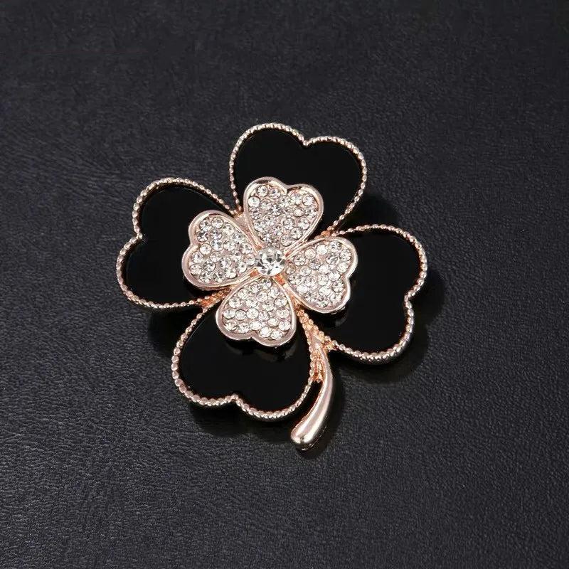 Four-Leaf Clover Corsage Metal Brooch Rhinestone Jewelry Pin