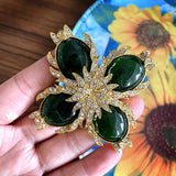 Vintage Baroque Cross Brooch Green Opal Breast Pin Lady Party Dress Accessories