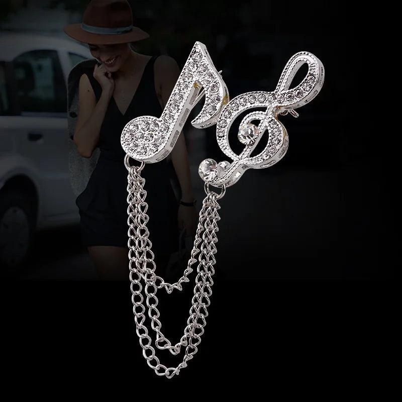 Musical Note Rhinestone Brooch Pin Tassel Chain Wedding Accessory