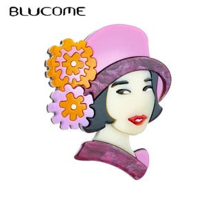 Stylish Girl in a Hat Brooches for Women