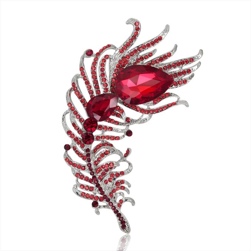 Crystal Feather Bejeweled Brooch Pin Wedding Jewelry Party Accessories