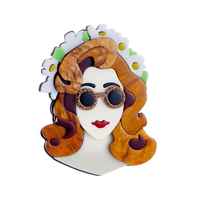 Acrylic Glass Brown Hair Woman Brooch Lady Jewelry