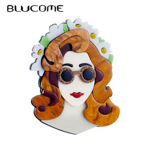 Acrylic Glass Brown Hair Woman Brooch Lady Jewelry