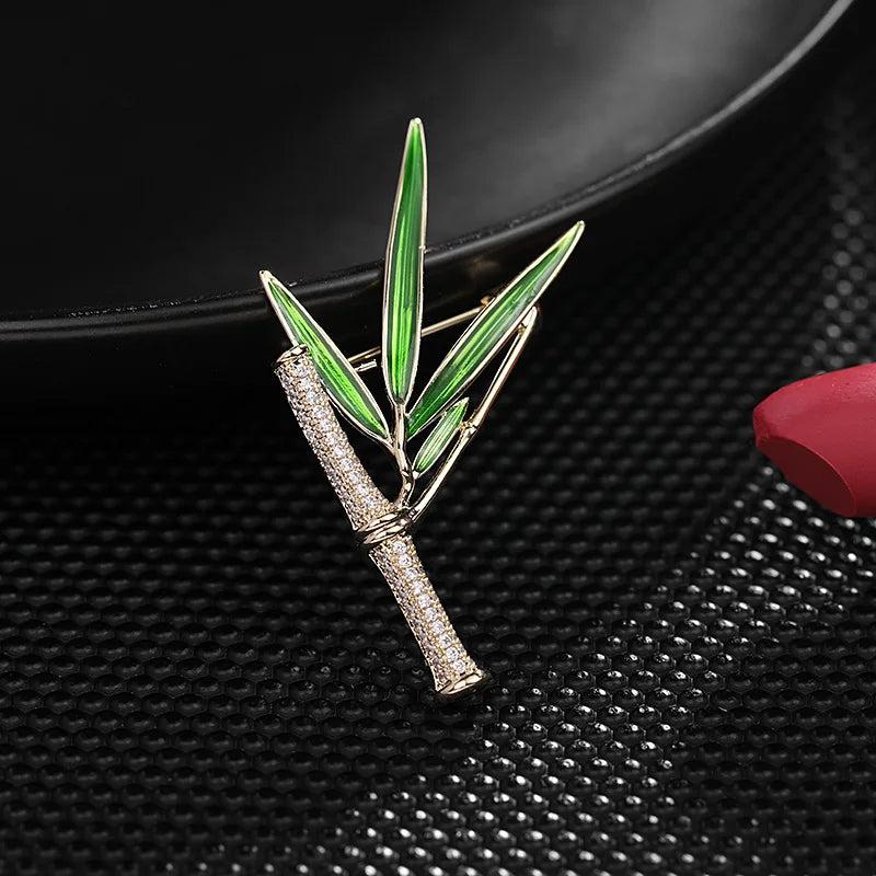 Enamel Green Bamboo Broochpins Zircon Plant Corsage Jewelry Lapel Pins