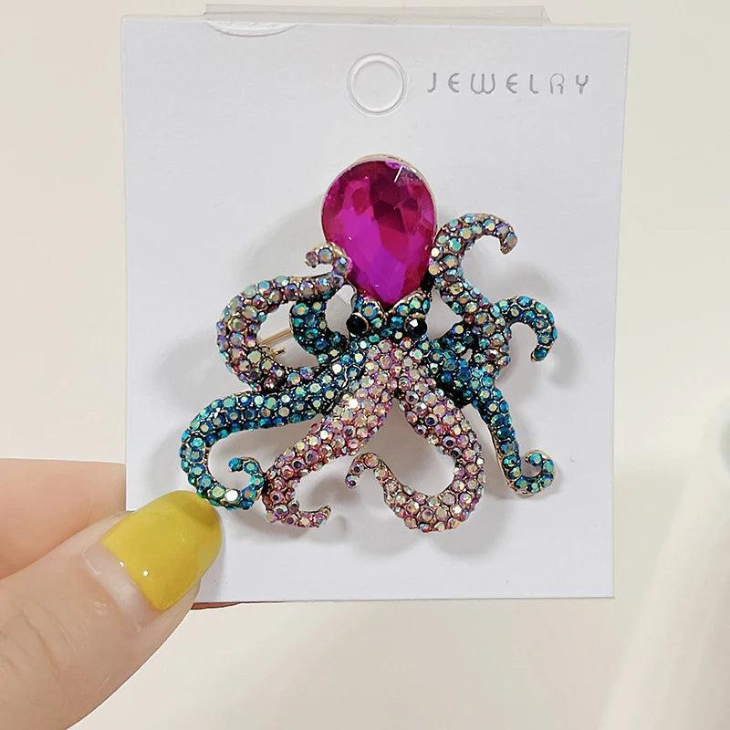 Animal Octopus Squid Crystal Metal Brooch Charm Jewelry Vintage Prom Party Dress