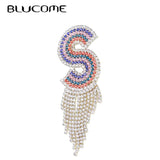 Colorful Letter S Tassel Brooch Crystal Stone Pin