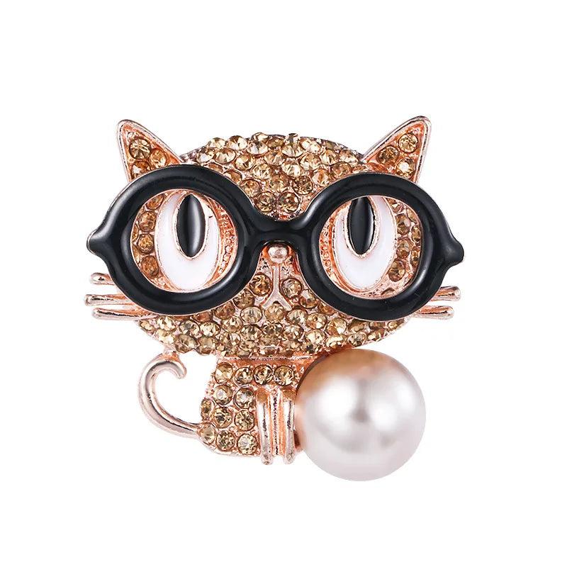 Cat Brooch Rhinestone Glasses Pearl Jewelry