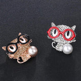 Cat Brooch Rhinestone Glasses Pearl Jewelry