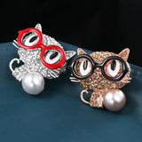 Cat Brooch Rhinestone Glasses Pearl Jewelry