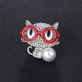 Cat Brooch Rhinestone Glasses Pearl Jewelry