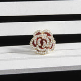 Vintage Red Camellia Flower Brooch Pin with Sparkling Cubic Zirconia