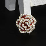 Vintage Red Camellia Flower Brooch Pin with Sparkling Cubic Zirconia