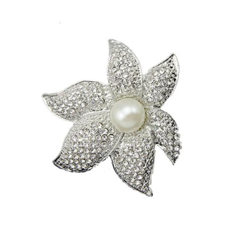 Crystal Flower Brooch Starfish Shape Pearl Alloy Silver Brooch