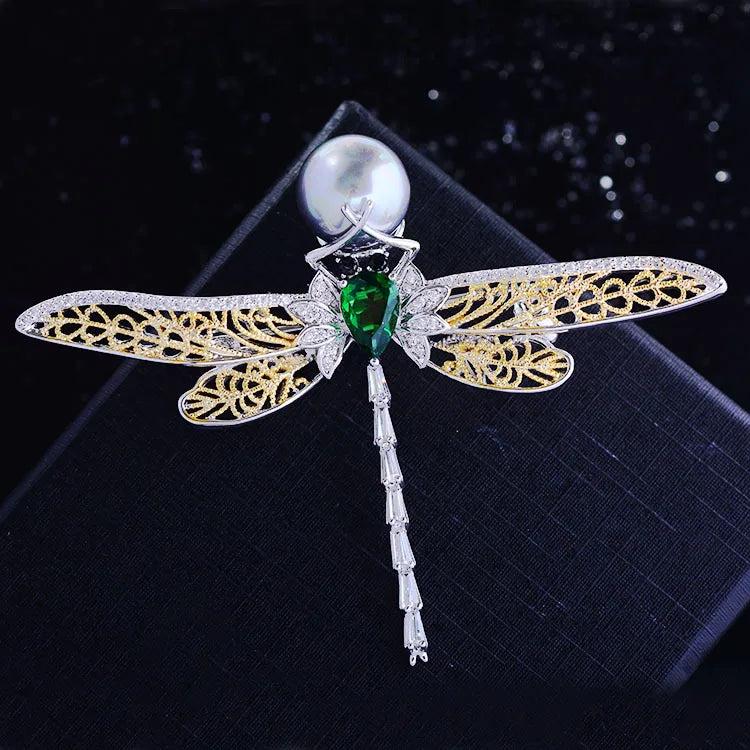 Vintage Dragonfly Pearl Brooch Copper Zircon Hollow Accessories