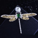 Vintage Dragonfly Pearl Brooch Copper Zircon Hollow Accessories