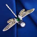 Vintage Dragonfly Pearl Brooch Copper Zircon Hollow Accessories