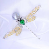 Vintage Dragonfly Pearl Brooch Copper Zircon Hollow Accessories
