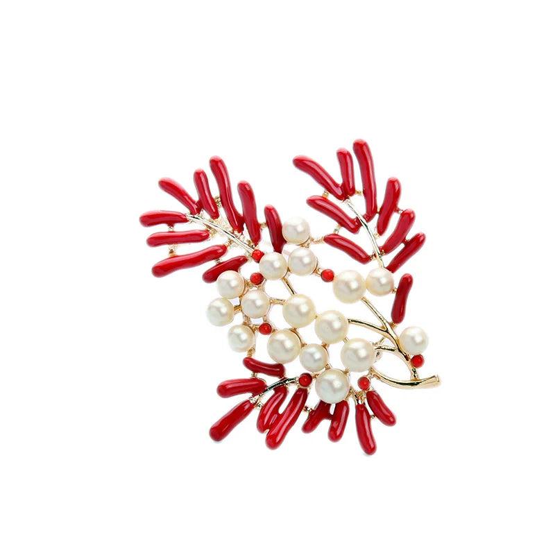Red Coral Pin Pearl Brooch Enamel Pearl Coat Pins Accessories