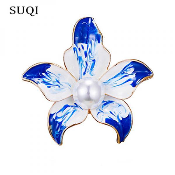 SUQI Vintage Orchid Brooch Pearl Flower Enamel Pin