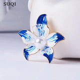 SUQI Vintage Orchid Brooch Pearl Flower Enamel Pin