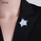 SUQI Vintage Orchid Brooch Pearl Flower Enamel Pin